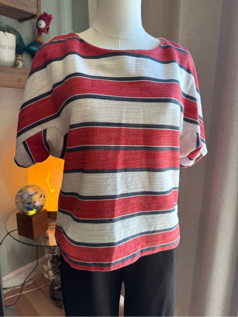 Womens Red and White Striped Short Sleeve Top